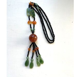 Vintage Handmade Long Bead Tassel Necklace Jade Green, Black & Brown Bohemian